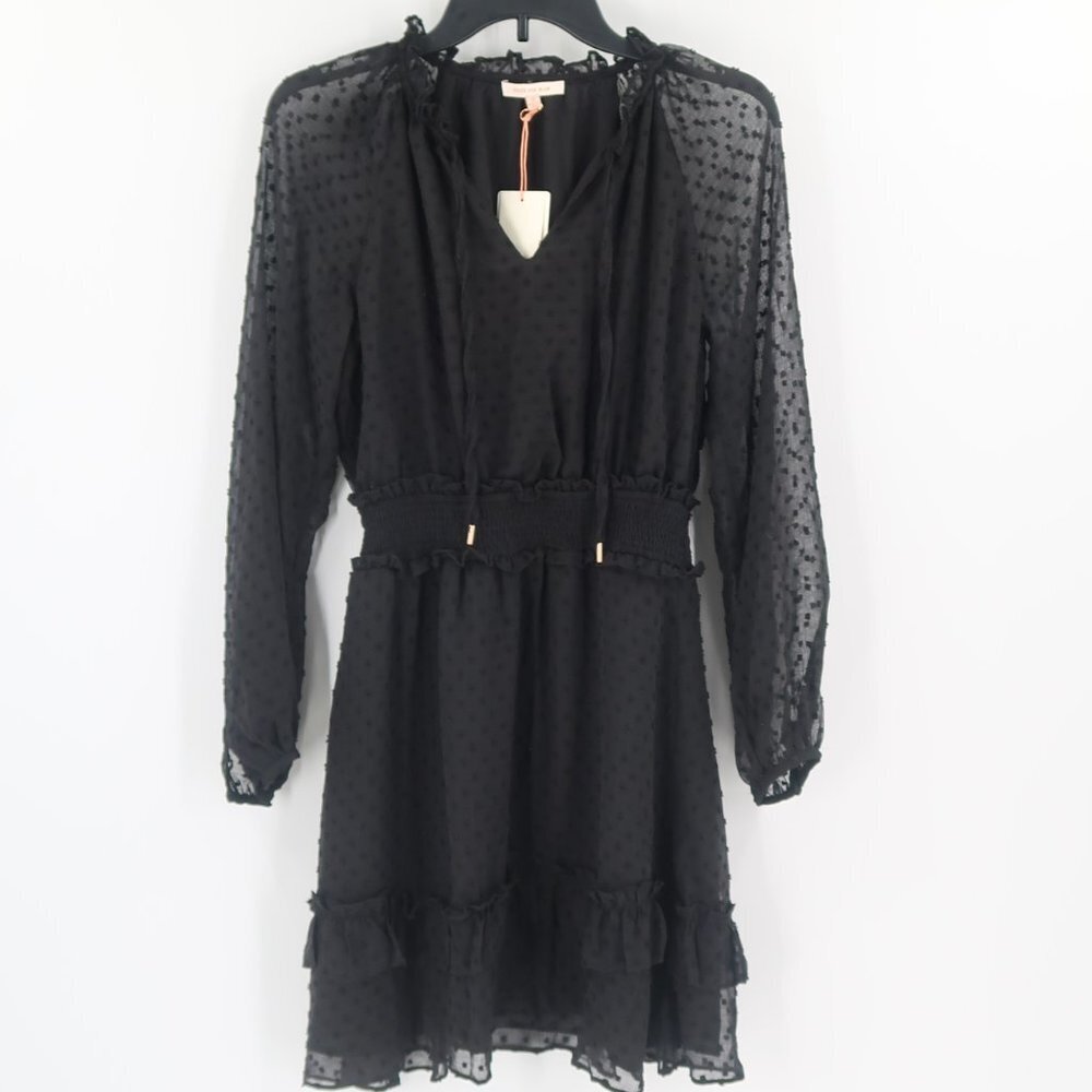 Skies are Blue Black Embroidered Polka Dot Dress w Sheer Sleeves Size XS NWT